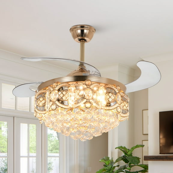 42-inch Gold Crystal Ceiling Fan with LED Light, 3 Color Temperatures & Remote Control, 5000 CFM Airflow, Invisible Blades Fan for Bedroom/Living Room