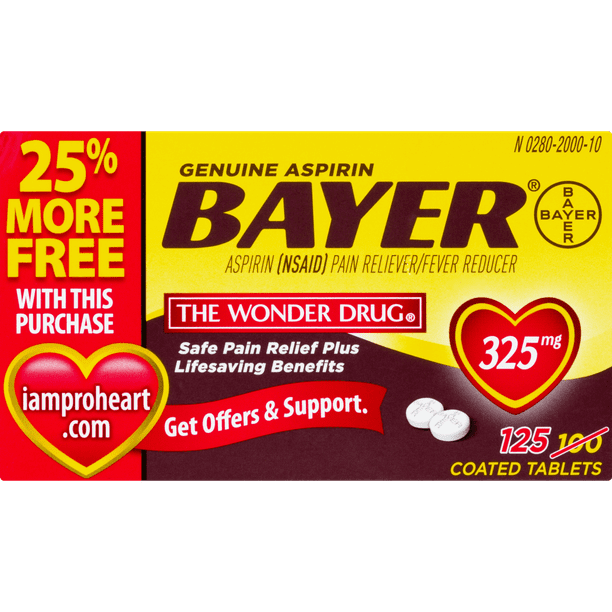 Genuine Bayer Aspirin, 325mg Coated Tablets, 125ct (100+25 Bonus