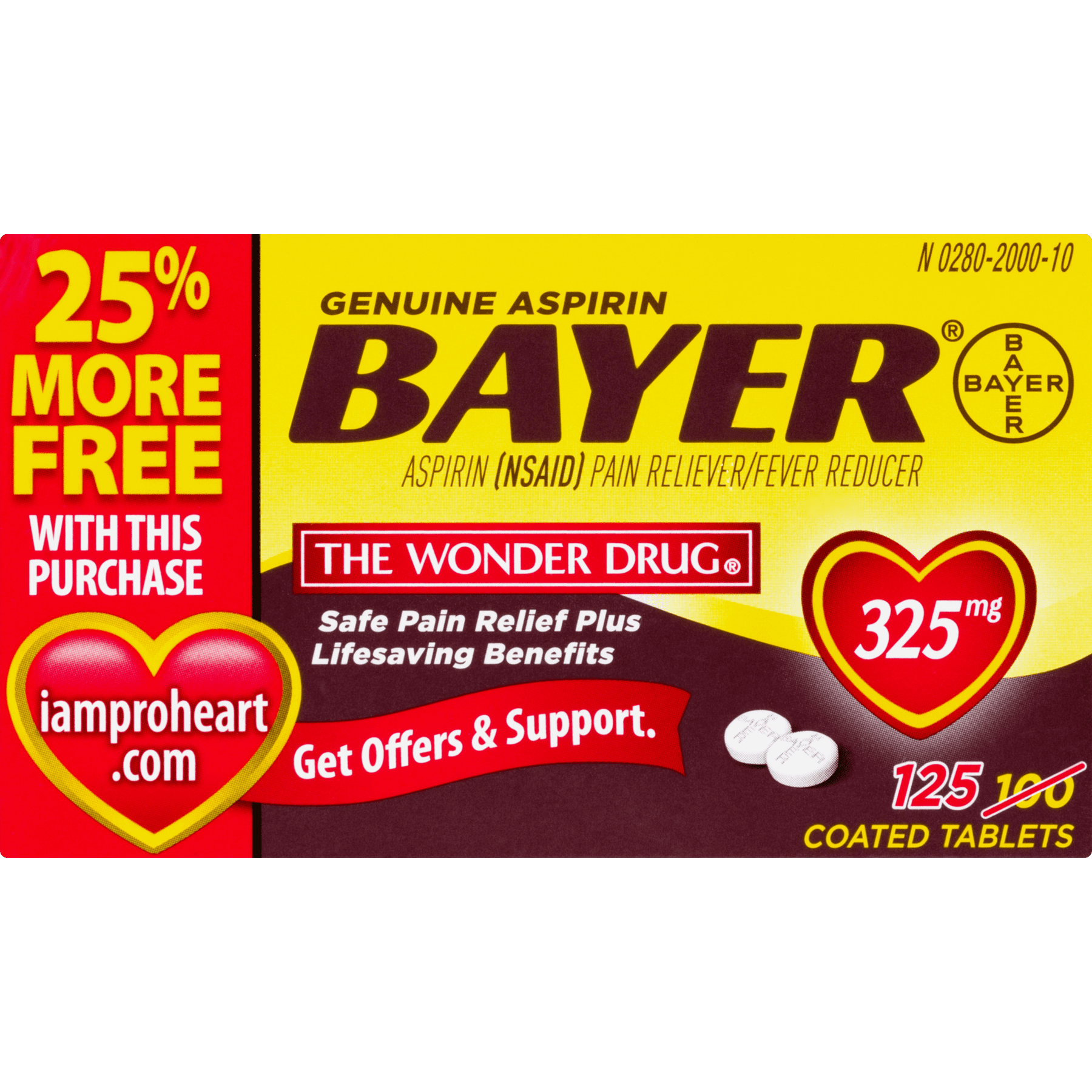 Genuine Bayer Aspirin, 325mg Coated Tablets, 125ct (100+25 Bonus)
