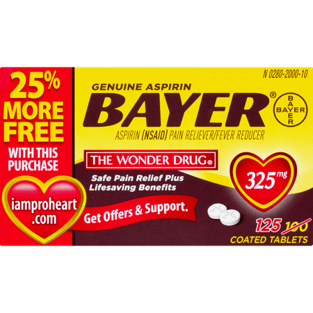 Genuine Bayer Aspirin, 325mg Coated Tablets, 125ct (100+25 Bonus)