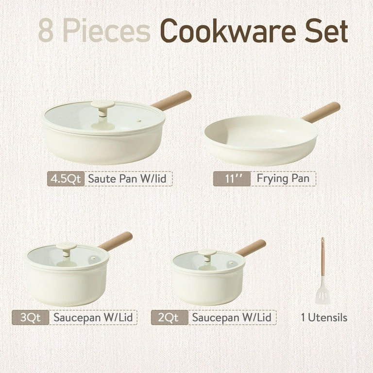 Carote Nonstick Pots and Pans Set, 8 Pcs Induction Kitchen Cookware Sets(White Ceramic)