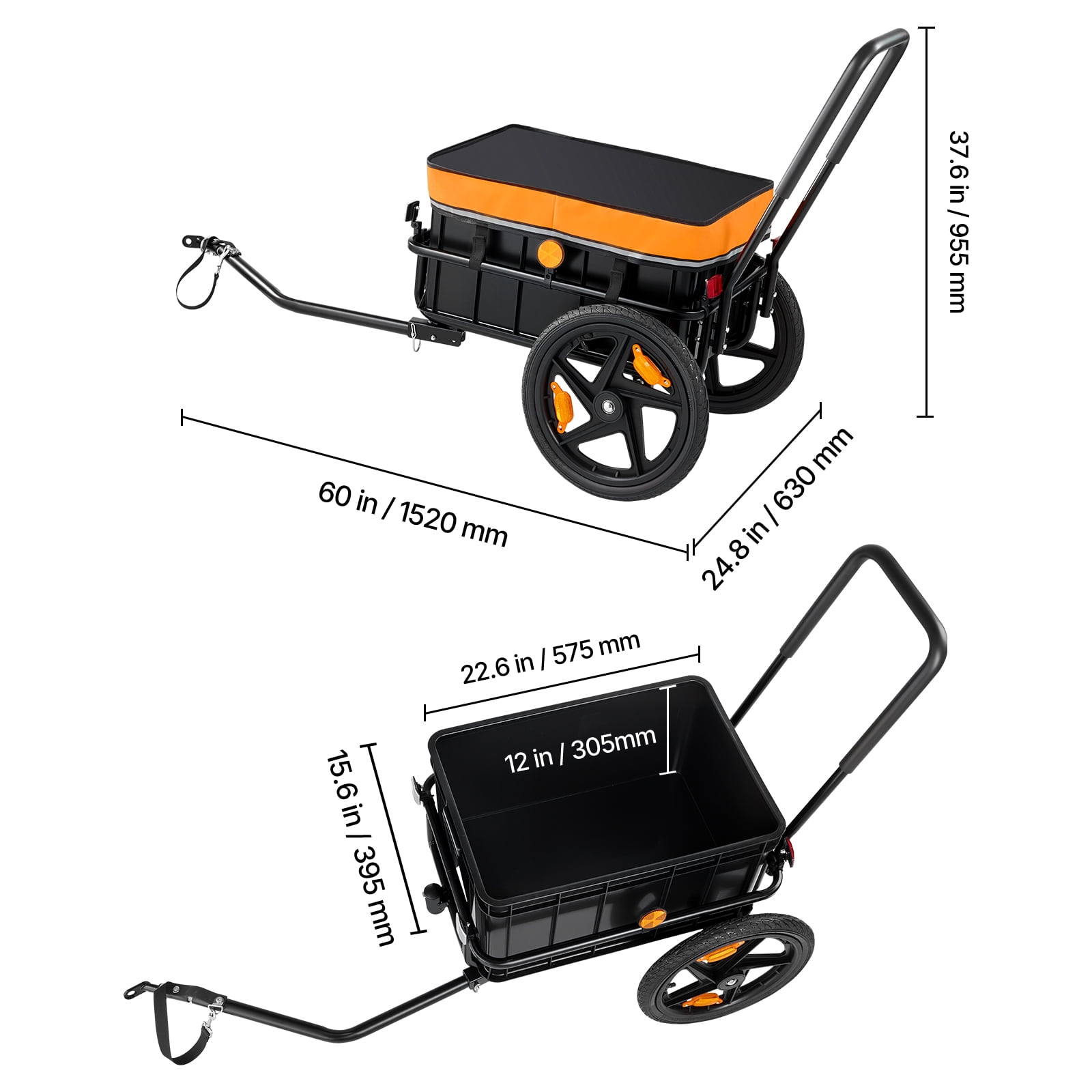 KFFKFF Bike Cargo Trailer 100 lbs 2-in-1 Pushcart Durable Bicycle Wagon, Cart with Weatherproof Cover, 7 in & 16 in Wheels, Reflector, Sturdy Steel Frame, Compatible with 22-28 in Bike Wheels