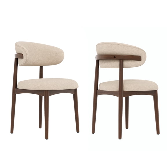 Dining Chairs Set of 2, Beige Linen Fabric Upholstered with Solid Wood Frame, Curved Backrest 300 lbs for Kitchen Dining Room