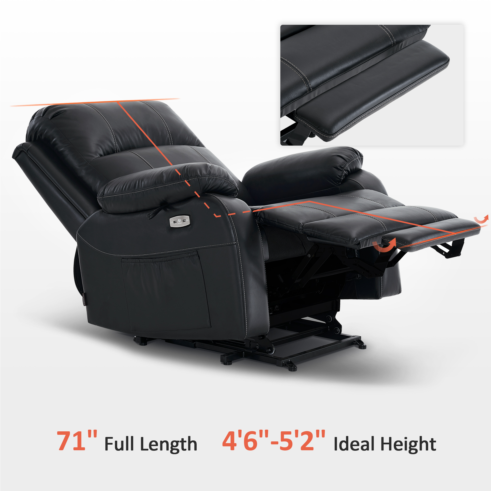 MCombo 27.2'' Extra Wide Seat Power Lift Recliner Chair with Massage and Heat for Short People, Faux Leather R7410 (Black, Wide)