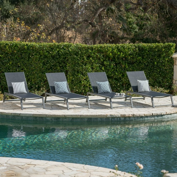 Monica Outdoor Aluminum Chaise Lounge, Set of 4, Grey, Black