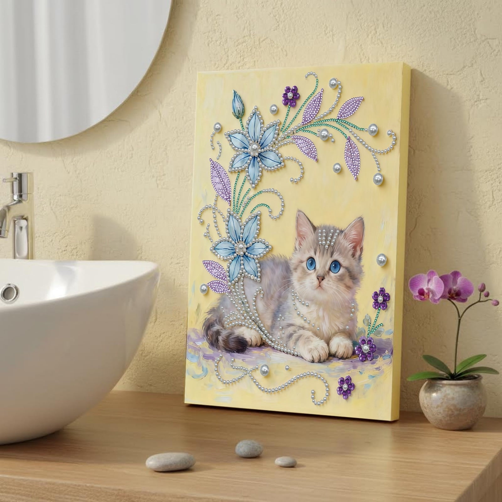 FLOPESN DIY Gemstone Pearl Diamond Art Painting Kit with Frame, 11.81x15.75in Colored Canvas, Home Decor Display for Tabletop and Wall -Cat