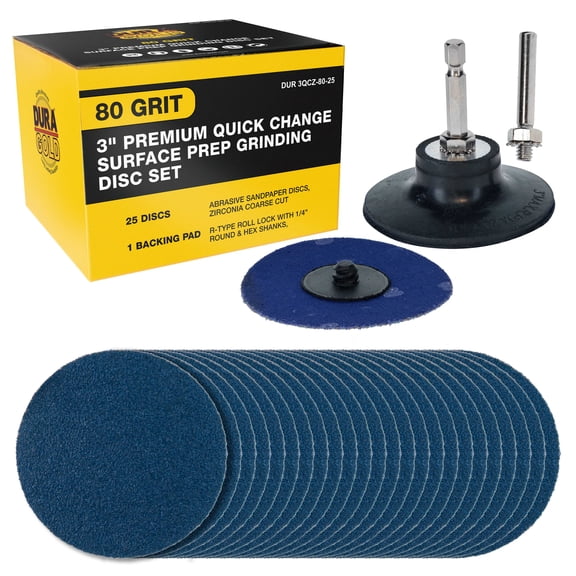 Dura-Gold 3" Premium 80 Grit Quick Change Surface Prep Grinding Disc Set, 25 Discs & Backing Pad - R-Type Roll Lock Abrasive Sandpaper Discs, Zirconia Coarse Cut - 1/4" Round & Hex Shanks, Sanding