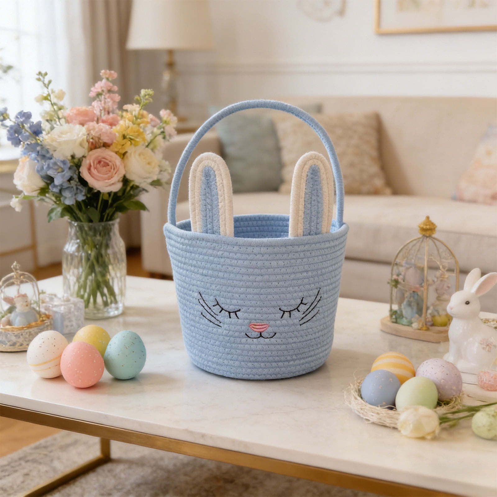 Lunxisen 2 Pcs Easter Storage Basket Hand-woven Rabbit Holiday Decorative Organizer Home Decor Baskets