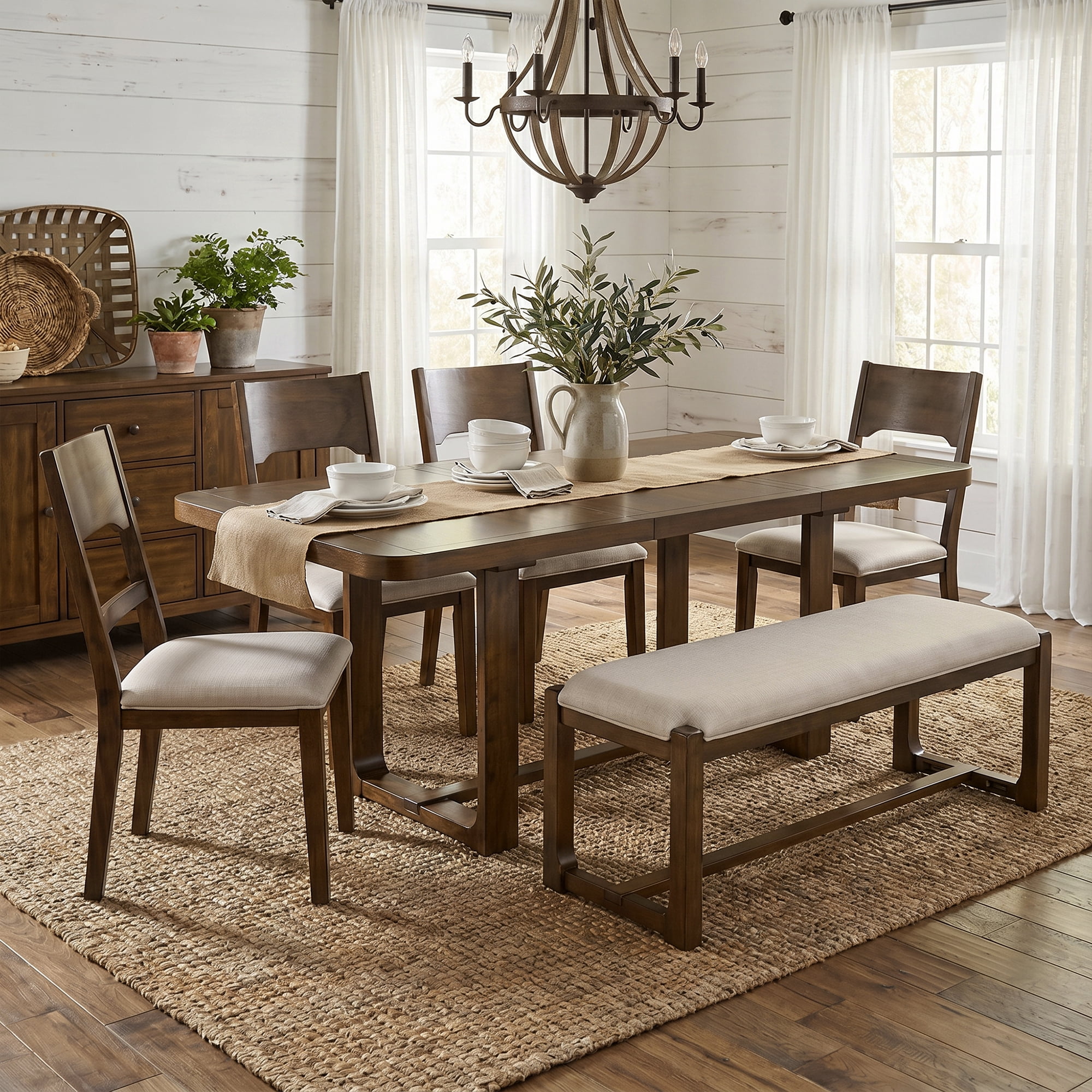 Mintazer 6-Piece Extendable Dining Table Set with 4 Upholstered Chairs & Bench, Rectangular Expandable Kitchen Table with Anti-Scratch Foot Pads, Walnut Brown