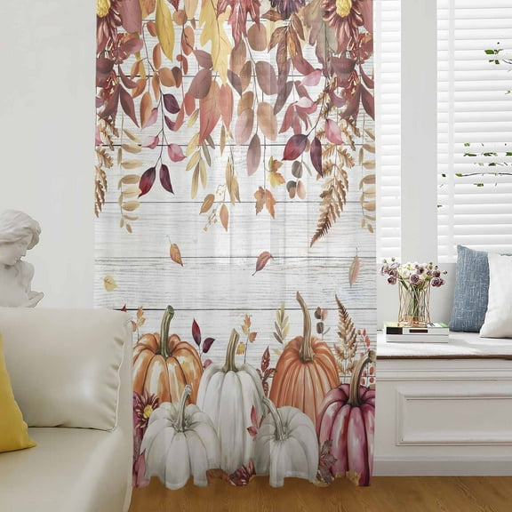 Thanksgiving Semi Sheer Curtains Drapes for Living Room, Bedroom, French Doors Window 54 Inches Long, Fall White Orange Pumpkin Leaves Wooden Rod Pocket Chiffon Curtain Drapery Voile Draperies Panel