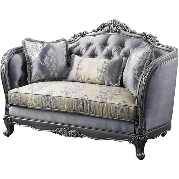 Bowery Hill Traditional Loveseat with 3 Pillows in Fabric and Platinum