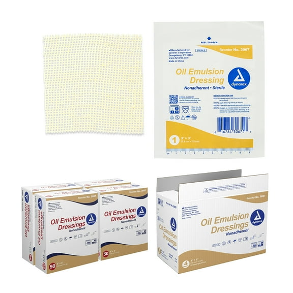 Dynarex Oil Emulsion Dressings, Wound Care, Absorbent, 3” x 3” Sterile Knitted Gauze Dressing with Emulsion Blend of Petrolatum and Sunflower Oil, 1 Case of 200