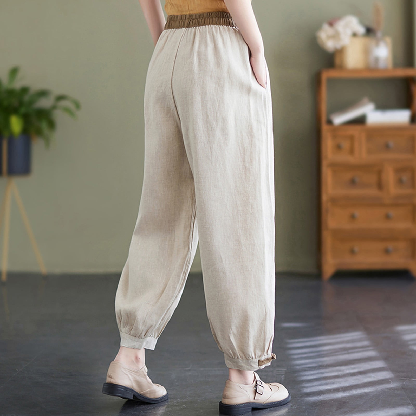 Work Wear for Women Linen Pocket Elastic Breathable Trousers Loose Cotton  Waist Pant Womens Pants Express Editor Pant 