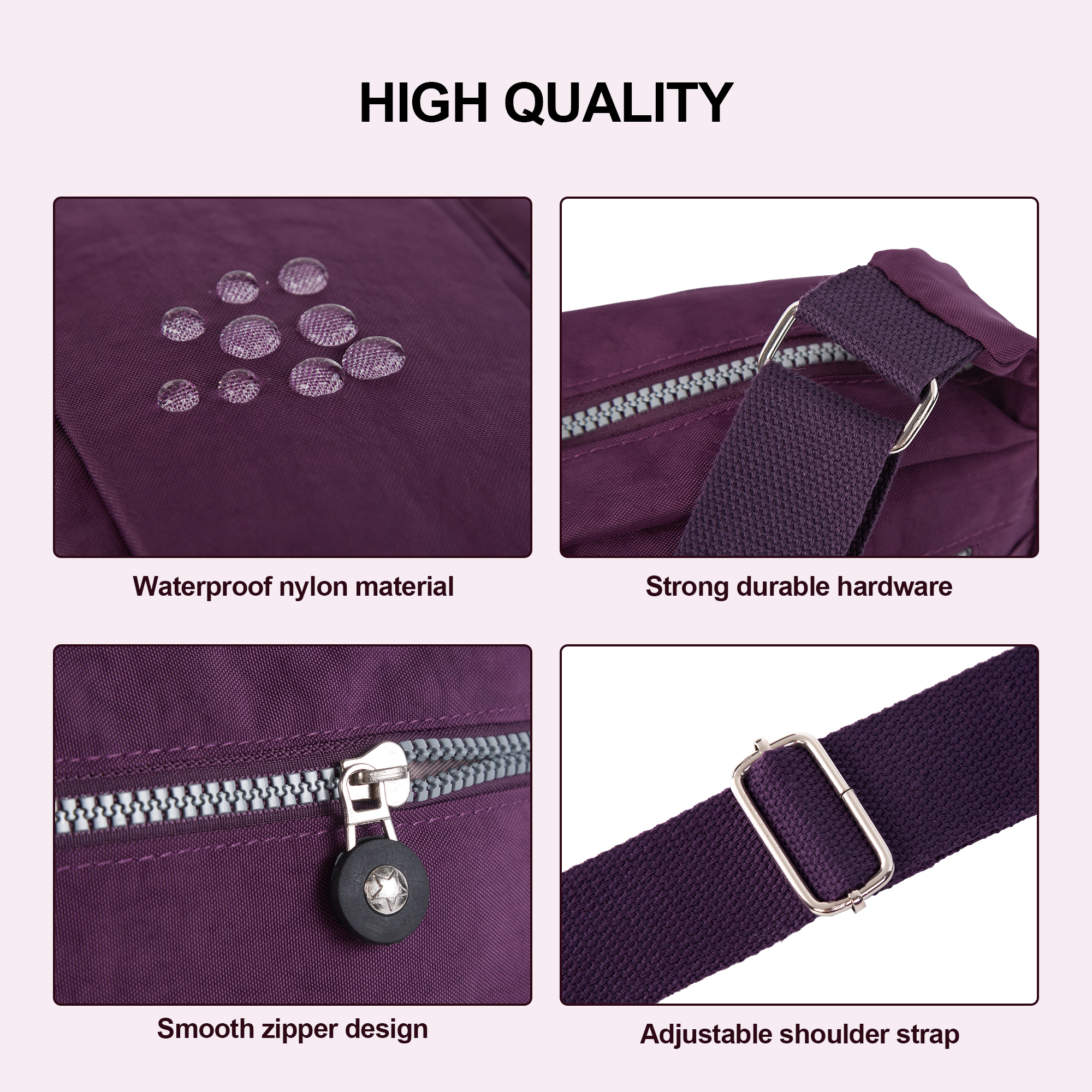 Vbiger Women's Purple Nylon Crossbody Bag with Multiple Pockets photo 3