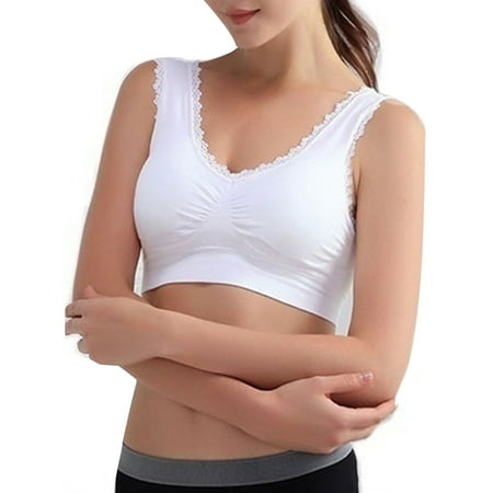

harmtty Solid Color Women Lace Trim Seamless Padded Wire Free Bra Crop Top Underwear Plus Size White