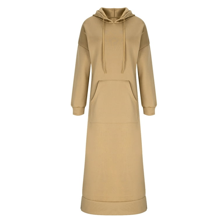 AKOEE Long Hoodie Dress for Women with Pocket Cotton Fleece Drawstring Hooded Sweatshirts Plus Size Fall Winter Maxi Dress (5xl, Khaki), Women's,