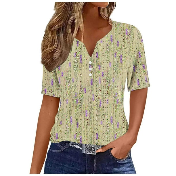 Camisetas Casuales de Mujer con Cuello en V Camiseta de Color Sólido, Manga Corta Casual Top para el Uso Diario