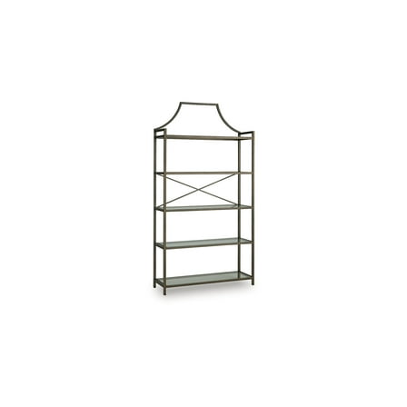 Ashley Furniture Bernonly 72" Glass Bookcase - 5 Shelf Metal Frame Display Storage Unit, Antique Bronze Finish