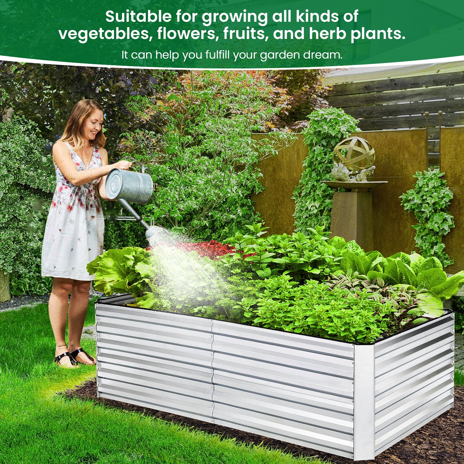 SEJOV 8x4x2FT Galvanized Raised Garden Bed Kit, Rectangular Raised Garden Planter Boxes, Metal Raised Flower Beds Outdoor with 478 Gallons Capacity, for Flowers Herbs Vegetable, Silver