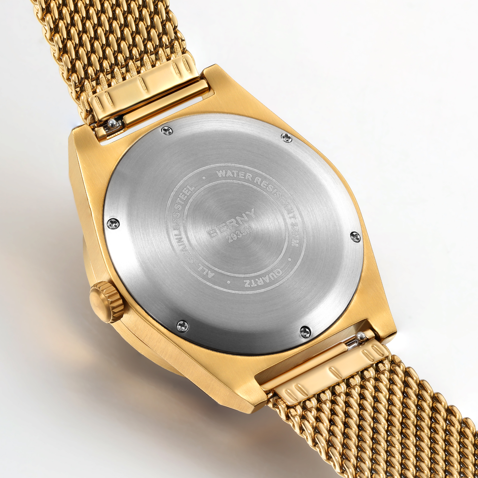 BERNY Gold Watches for Men, Classic Vintage Quartz Analog Watch with Day & Date Calendar, Stainless Steel Mesh Band, Luminous, Waterproof, Fashion Sport Casual Men's Wristwatch (Gold)