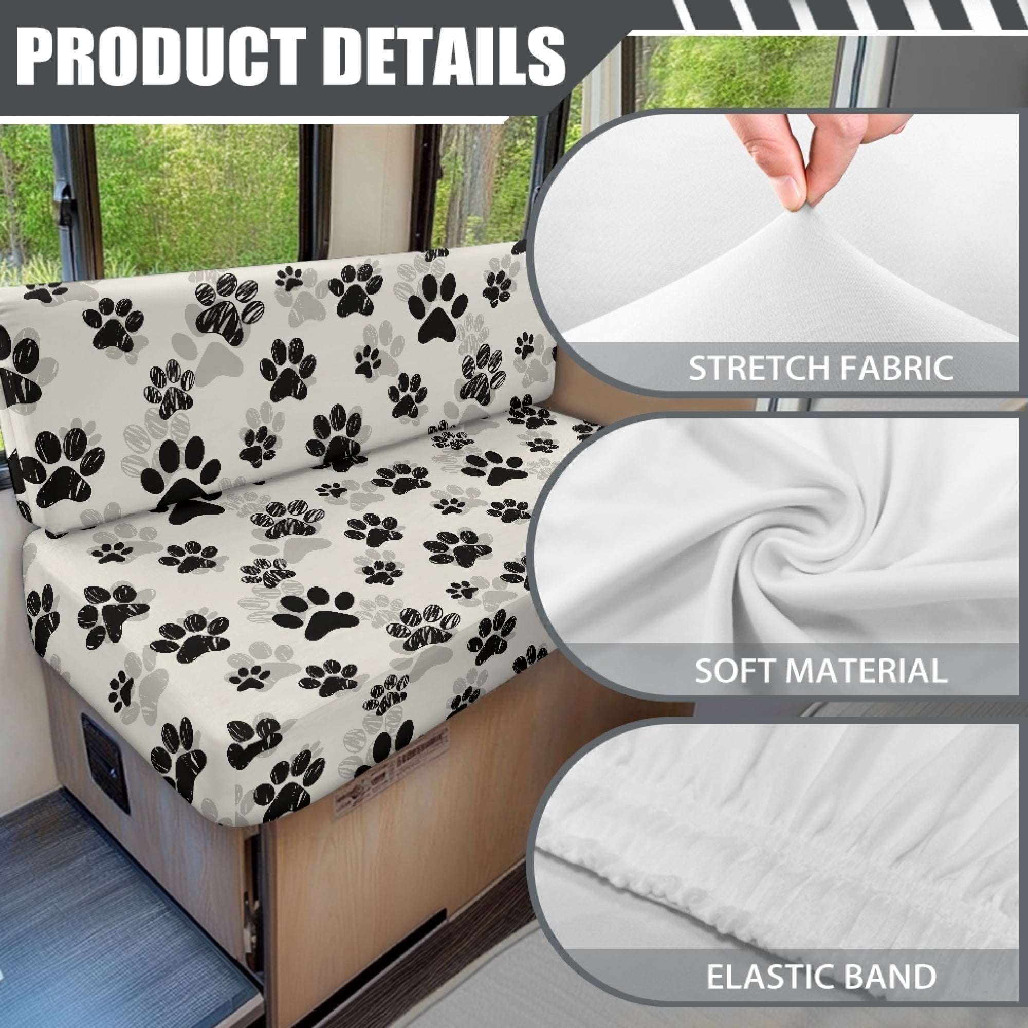 Yuyamidu Dog Paw RV Dinette Cushion Covers 2 Pack Soft RV Seat Covers Backrest Covers Bench Covers Breathable Camper Couch Covers Protector RV Accessories