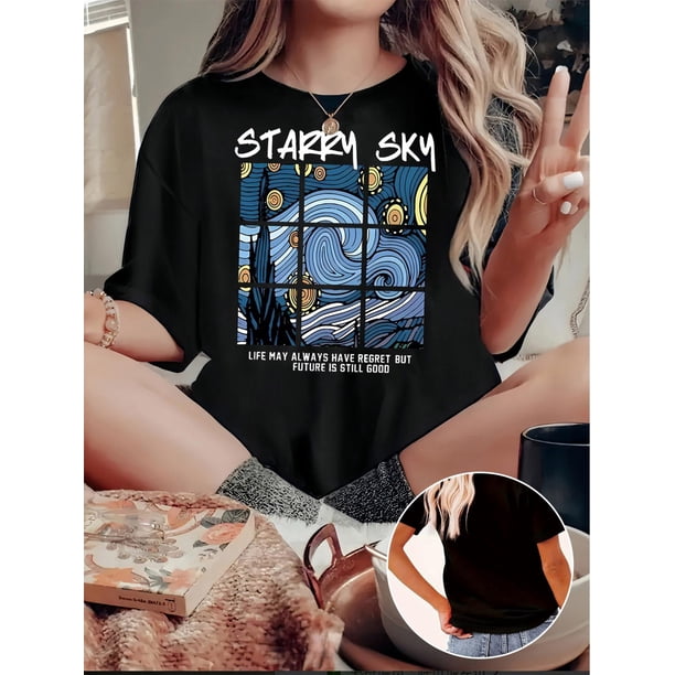 Women's Fashionable Artistic Print T-Shirt - Casual Crew Neck, Short Sleeve, Stretchy Polyester Blend, Machine Washable - Perfect for Summer & Casual Attire