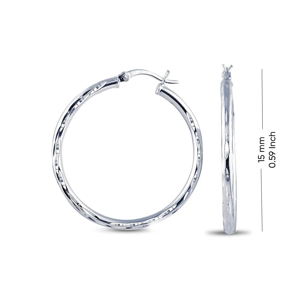 LeCalla 925 Sterling Silver Diamond-Cut Hoop Earrings, 2.5MM Thick, Italian Small Click Top, 15MM
