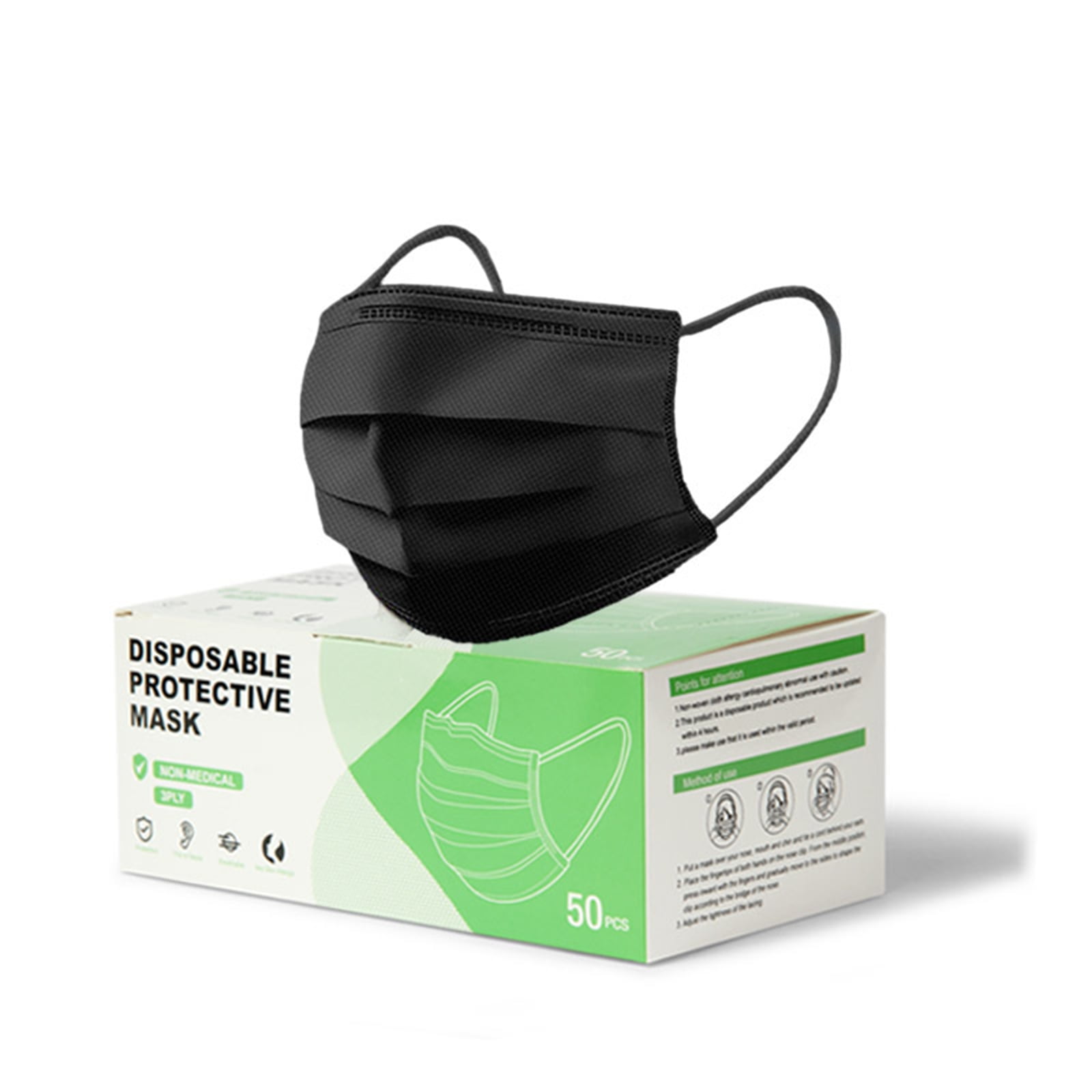 Face Mask Disposable Face Masks MICPANG Colored Suitable For Adults And Teens 3 Layer with Nose Clip and Ear Loops - Black, 50PCS