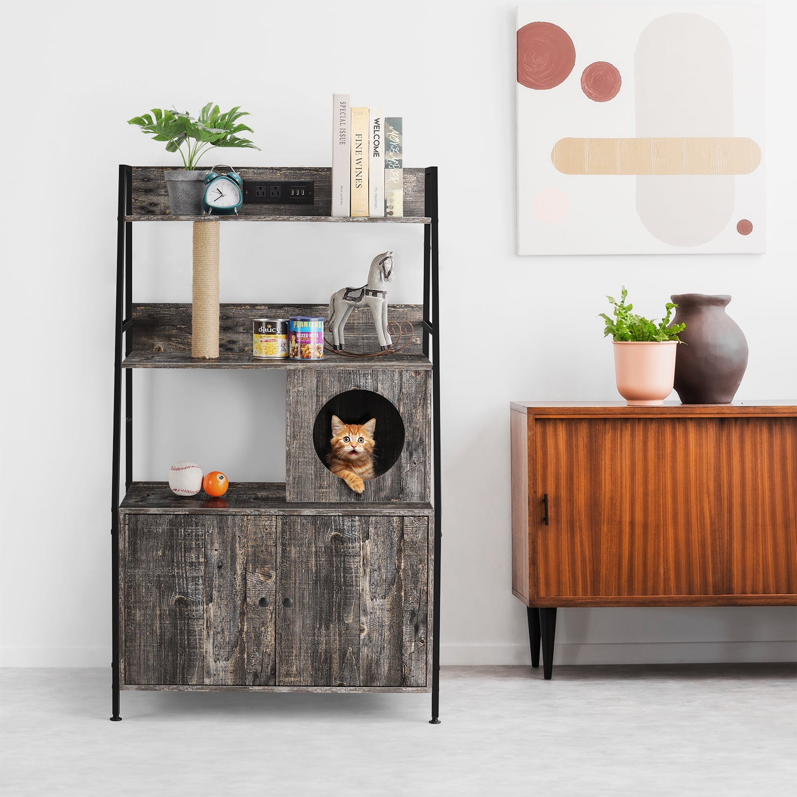 Nightstand Hidden Litter Box Side Table with Charging Post Gray
