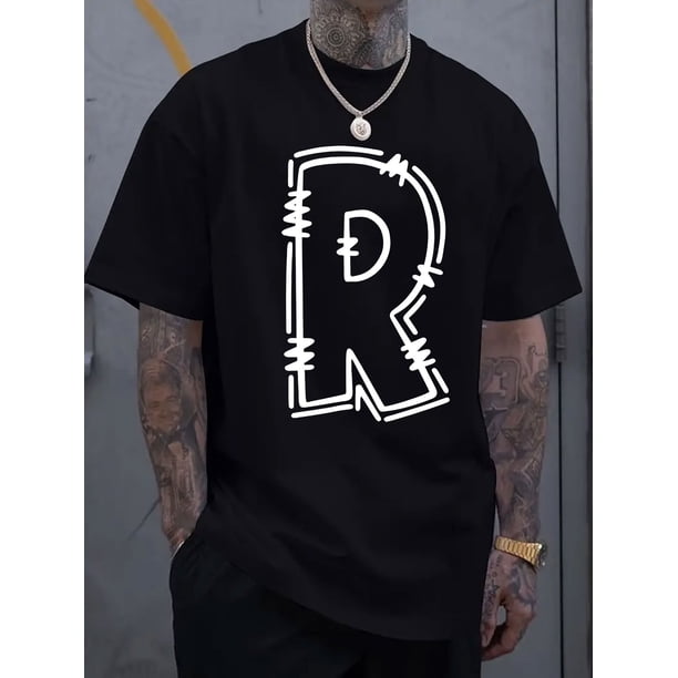 Comfortable and Breathable R-Letter Printed Men's Round Neck Short Sleeved Simple and Stylish T-Shirt for Spring and Summer Vacation Leisure