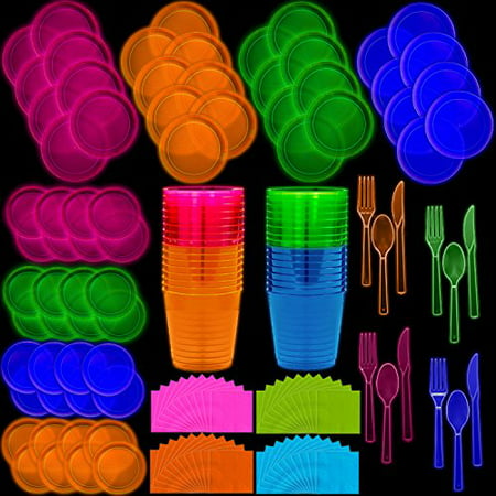 Neon Disposable Party Supplies Set, 32 Guest - 2 Size Plates, Tumbler Cups, Napkins, Cutlery | Glows Under Black Light or UV - Pink, Green, Blue, Orange | For Birthday, Clubs, 80s Festivals, and More