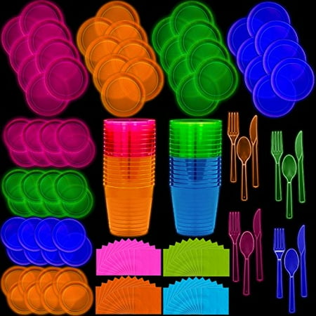 Glow Cup - Neon Disposable Party Supplies Set, 32 Guest - 2 Size Plates, Tumbler Cups, Napkins, Cutlery | Glows Under Black Light or UV - Pink, Green, Blue, Orange | For Birthday, Clubs, 80s Festivals, and More