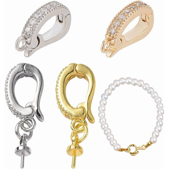 4 Style 18k Gold Plated Jewelry Clasps Cubic Zirconia Pendant Clasp Connector with Peg Bail Brass Rhinestone Jump Rings for DIY Jewelry Making Fixing Necklace Bracelet Extender Charms Clear