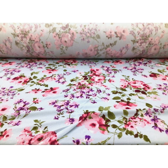 Printed Liverpool Textured Fabric Stretch Light Blue Pink Purple Floral 1N23