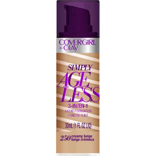 covergirl & olay simply ageless 3-in-1 liquid foundation, creamy beige NEW — Envase frontal con dispensador; base líquida en tono 250 creamy beige, texto morado sobre fondo beige y morado, 30 ml (1 fl oz).