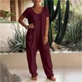 thumbnail image 4 of Tqcoqu Women's Solid V Neck Short Sleeve Jumpsuit, Loose Harem Baggy Long Pants One Piece Jumpsuit with Side Pockets, 4 of 6