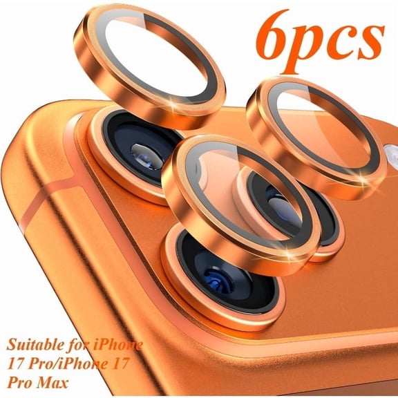 3pcs HD Tempered Glass Lens Protectors for iPhone 17 Pro/Max - Metal Ring, Titanium Orange Finish