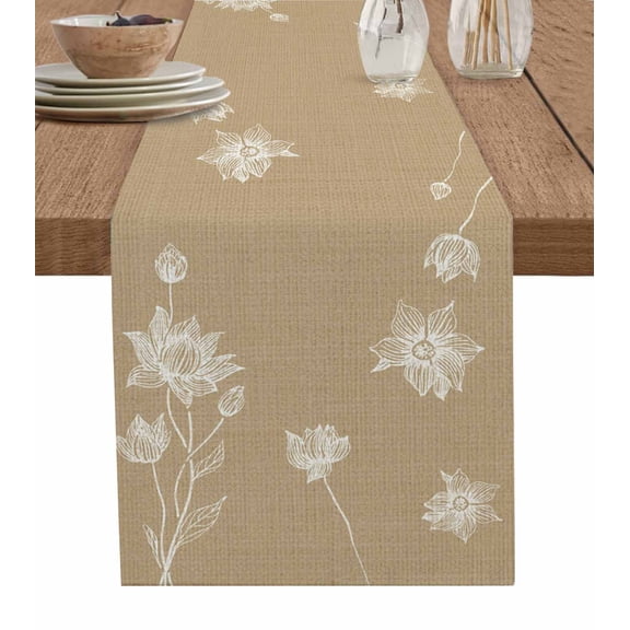 Table Runners 90 Inches Long Dress Scarves, Beige White Floral Farmhouse Coffee/Dining/Kitchen Table Runner for Living Room, Abstract Art Summer Botanical 13x90 Inch