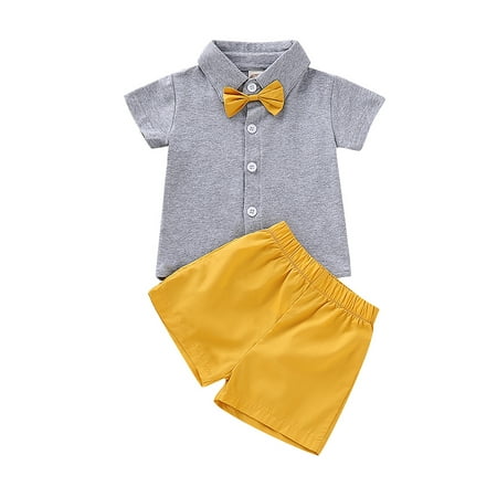 

Kids Boys Suit Summer Short Sleeve Bow Button Up Shirt Tops Shorts Set