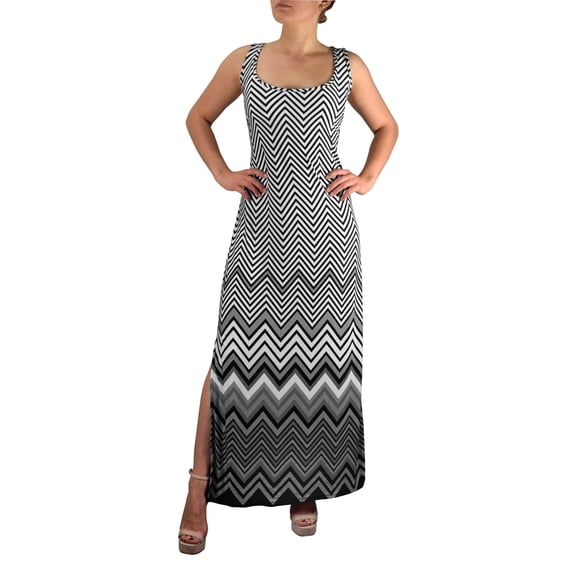Womens Boho Maxi Striped Chevron Print Scoop Neck Tank Dress (Grey, XL)
