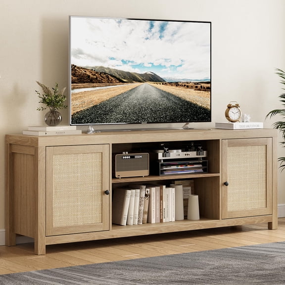 TROPOW Tv Stands for Living Room,Boho TV Stand for 65 Inch TV, Rattan Entertainment Center with Storage, Wood TV & Media Console Under TV Cabinet for Living Room Bedroom, Natural Oak - 57inch