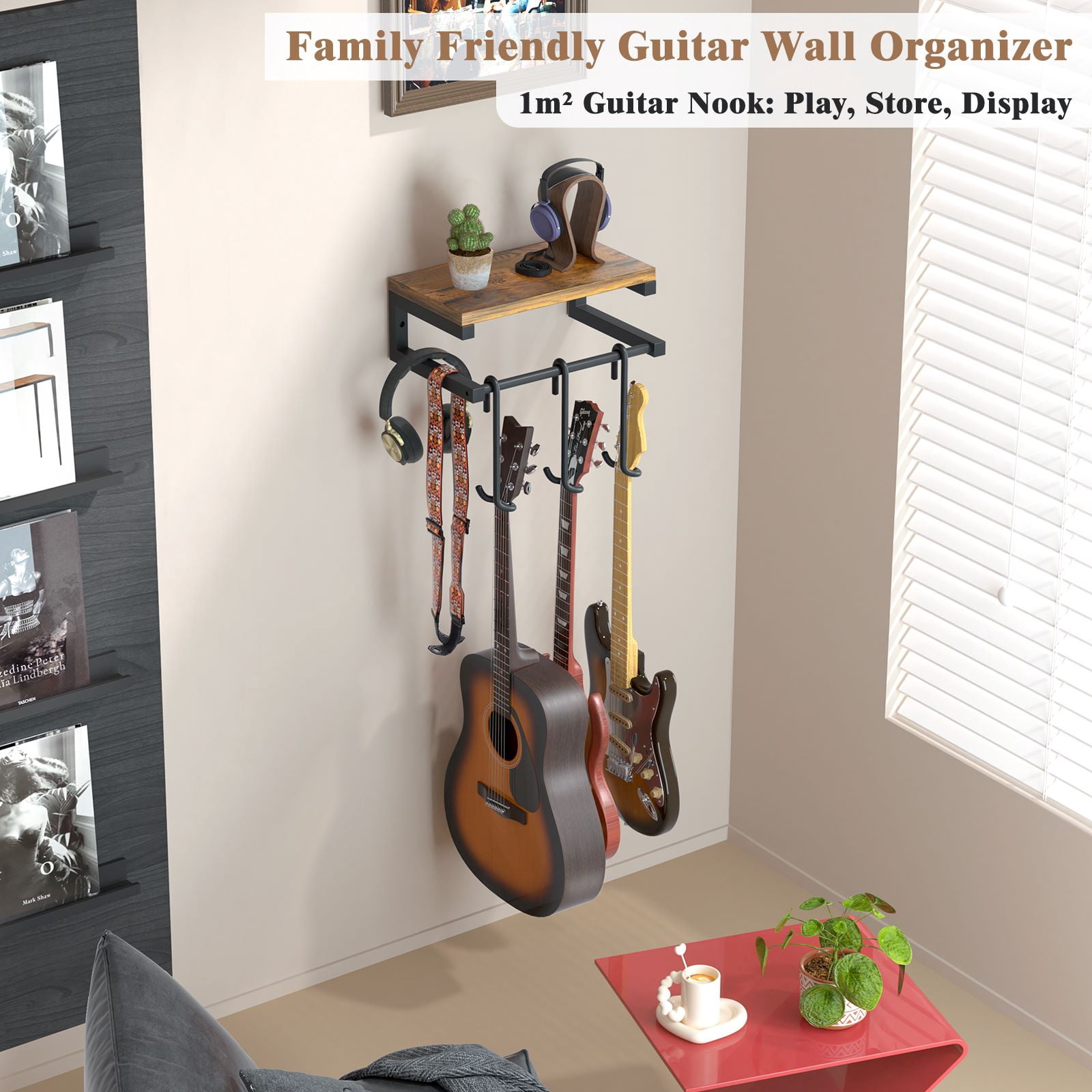 Olakee Guitar Wall Hangers with Mounting Kit — Dual-Twist Hook, Heavy-Duty Steel & Wood Shelf, 3-in-1 Display System, 44lb Capacity