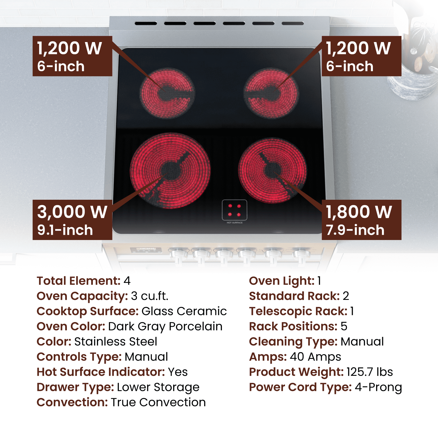 Rangaire RRE241TS 24" Electric Range Oven with Timer - Stainless Steel, Infrared Stove Burners, True Convection, Easy Reach Racks