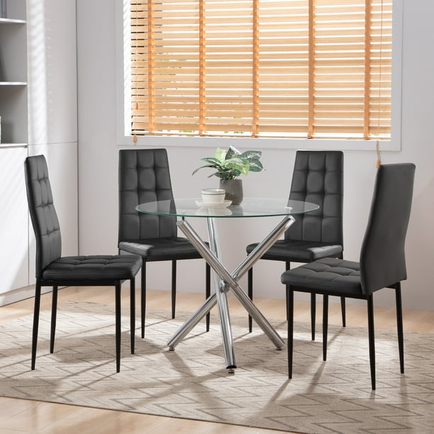 Boowill 5 Piece Dining Table Set, Glass Round Dining Table with 4