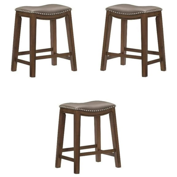 Pemberly Row 24" Faux Leather Saddle Counter Stool in Gray - Set of 3