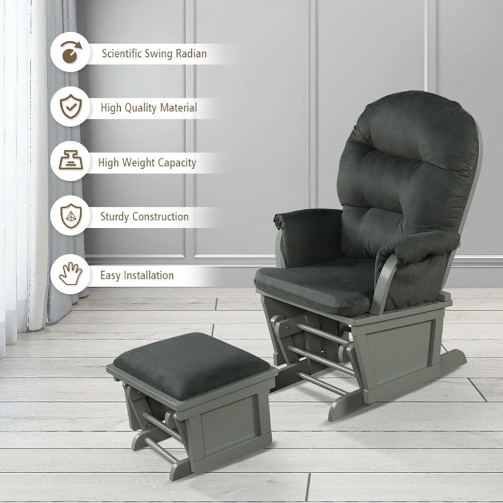 Finihen Upholstered Glider and Nursing Ottoman, Comfort Rocking Nursery Chair with Ottoman, Wood Baby Glider and Ottoman Cushion Set with Padded Armrests for Nursing, Gray