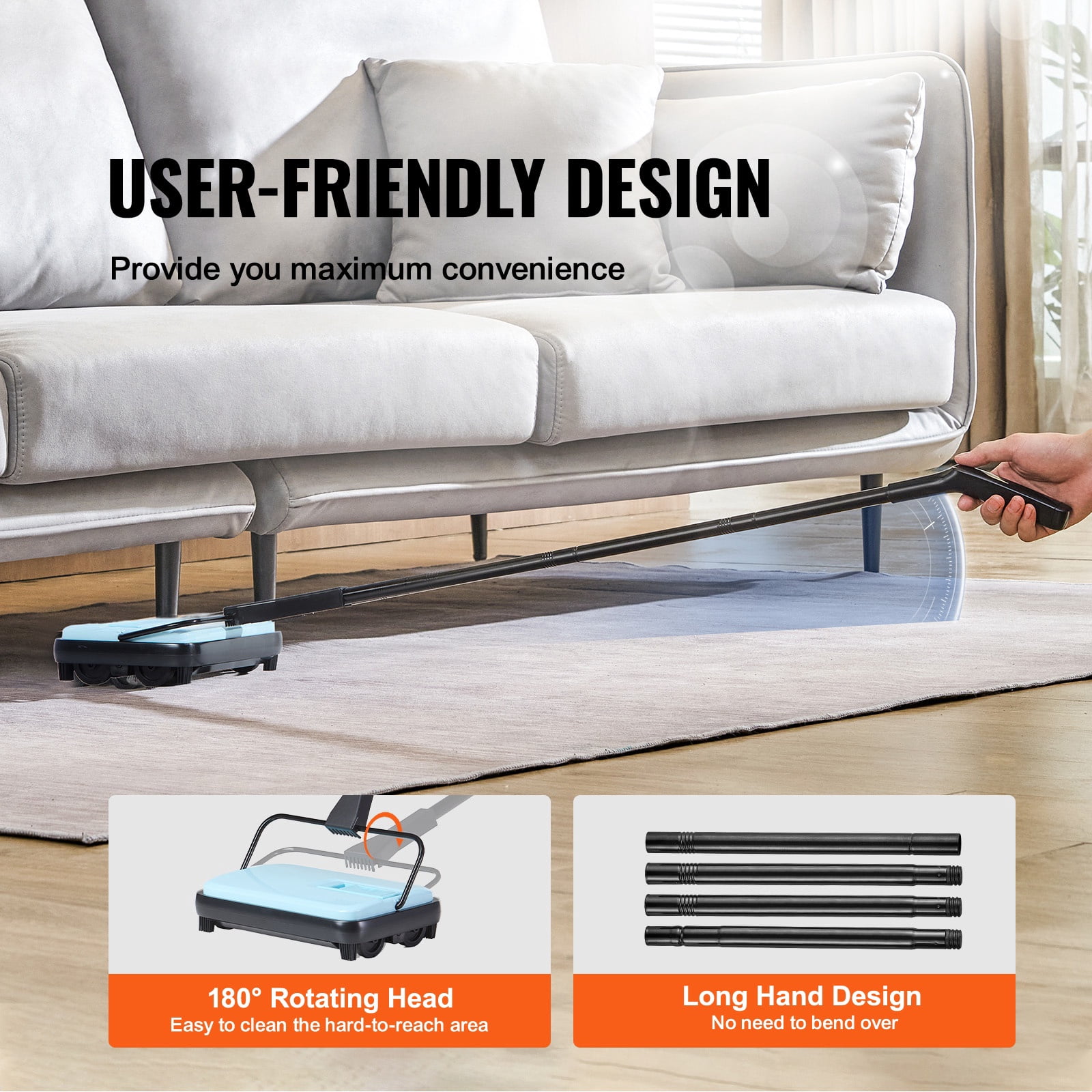 Carpet Sweeper Manual, Floor Sweeper with 300 ml Dustbin Capacity Easy to Empty, 6.7 inch Cleaning Width for Home Office Carpets Pet Hair Dust