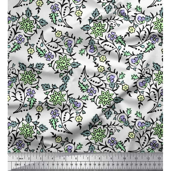 Soimoi Crepe Silk Fabric Leaves & Floral Block Decor Fabric Printed Yard 42 Inch Wide