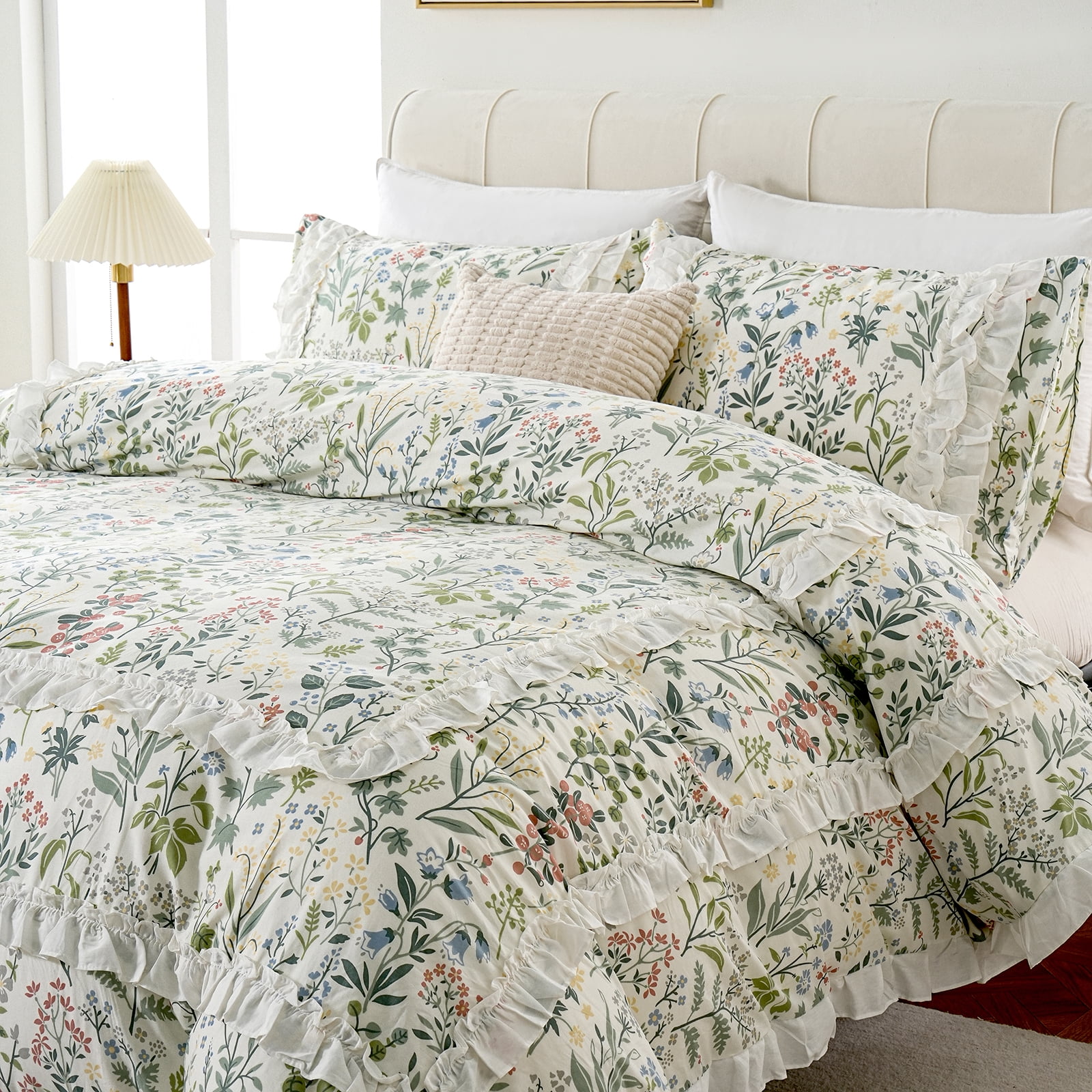 White Ruffle Duvet Cover Set 100% Cotton Green Floral Duvet Cover 3 Pcs Aesthetic Comforter Cover for All Seasons Soft Breathable Bedding Set with Zipper Closure