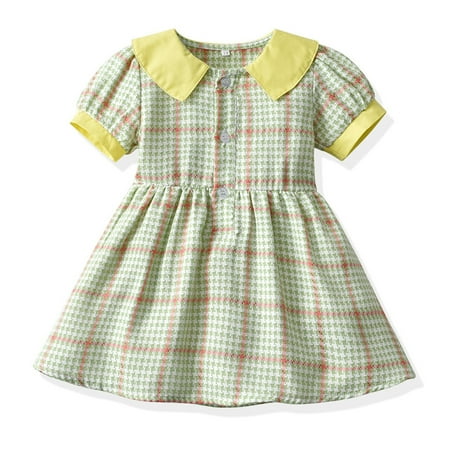 

nsendm Kids Toddler Baby Girls Spring Summer Plaid Cotton Short Sleeve Princess Dress Clothes Heart Dresses Dress Yellow 12-18 Months